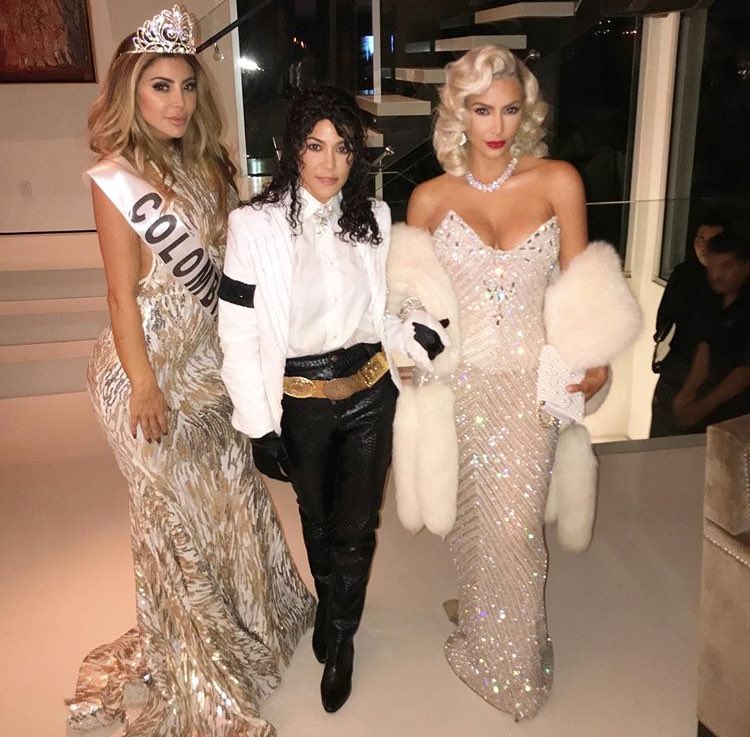 Larsa, Kourtney and Kim as Miss Universe Colombia, MJ & Madonna at a party in Bel Air. Pic: Twitter @KKW_Updates