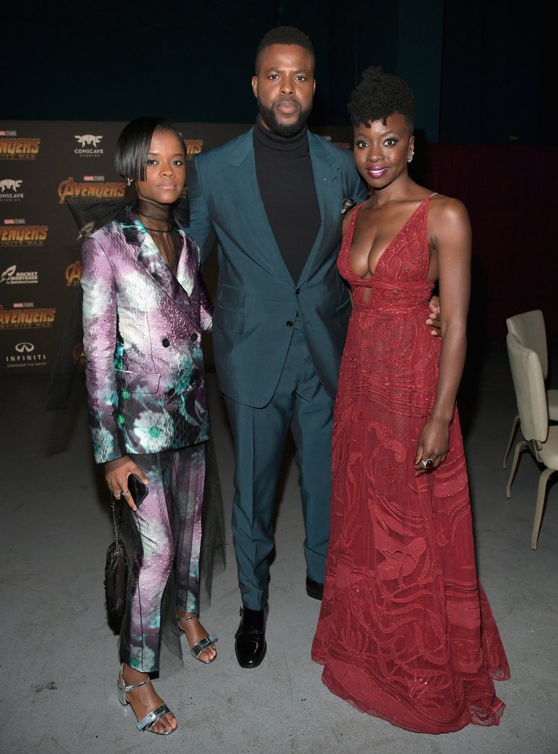 Letitia Wright, Winston Duke, and Danai Gurira at an Avengers event. Photo by Charley Gallay/Getty Images