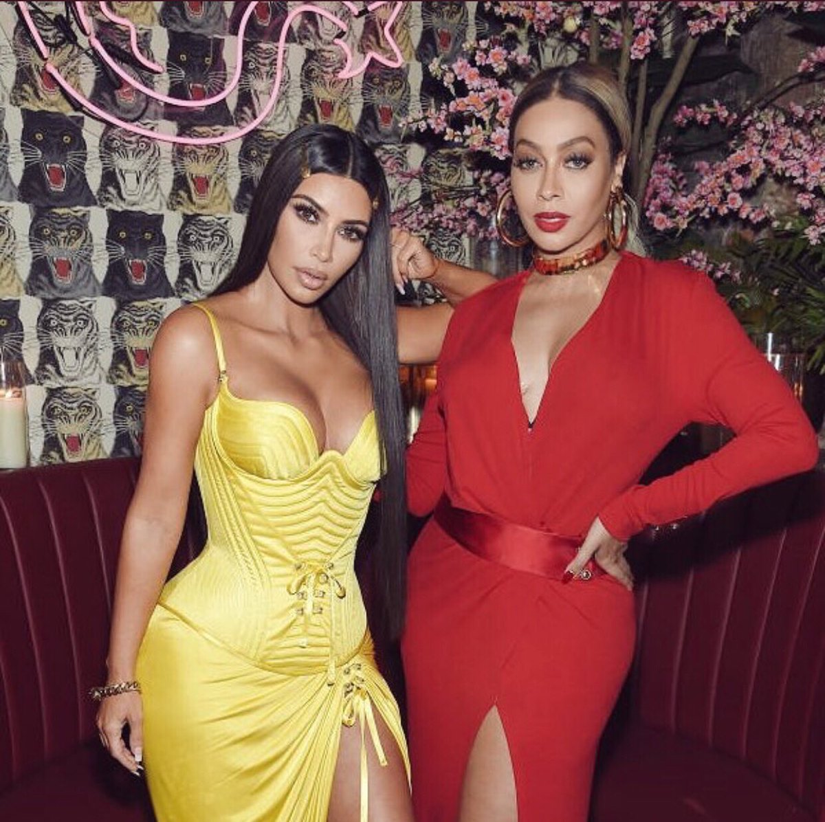 Kim Kardashian West wearing Versace and LaLa Anthony at a BOF event via Twitter @KimKardashian