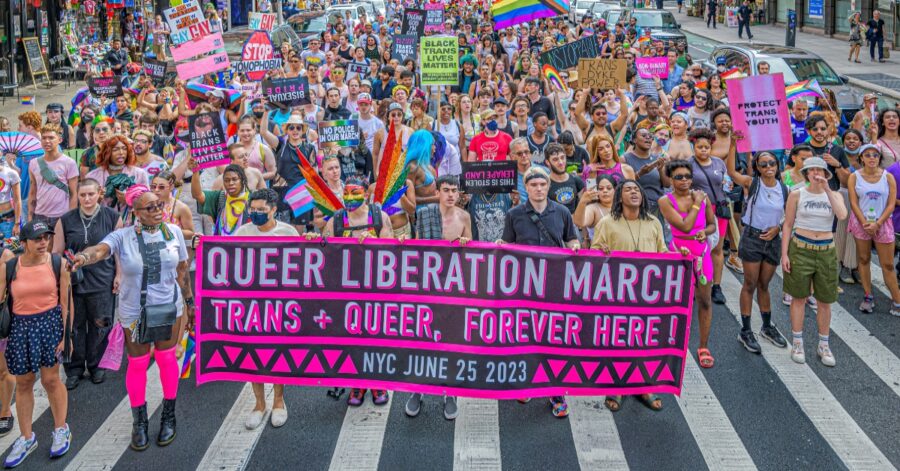 Participants seen holding a banner at the march. Thousands of New Yorkers took to the streets of Manhattan to participate on the Reclaim Pride Coalition's (RPC) fifth annual Queer Liberation March